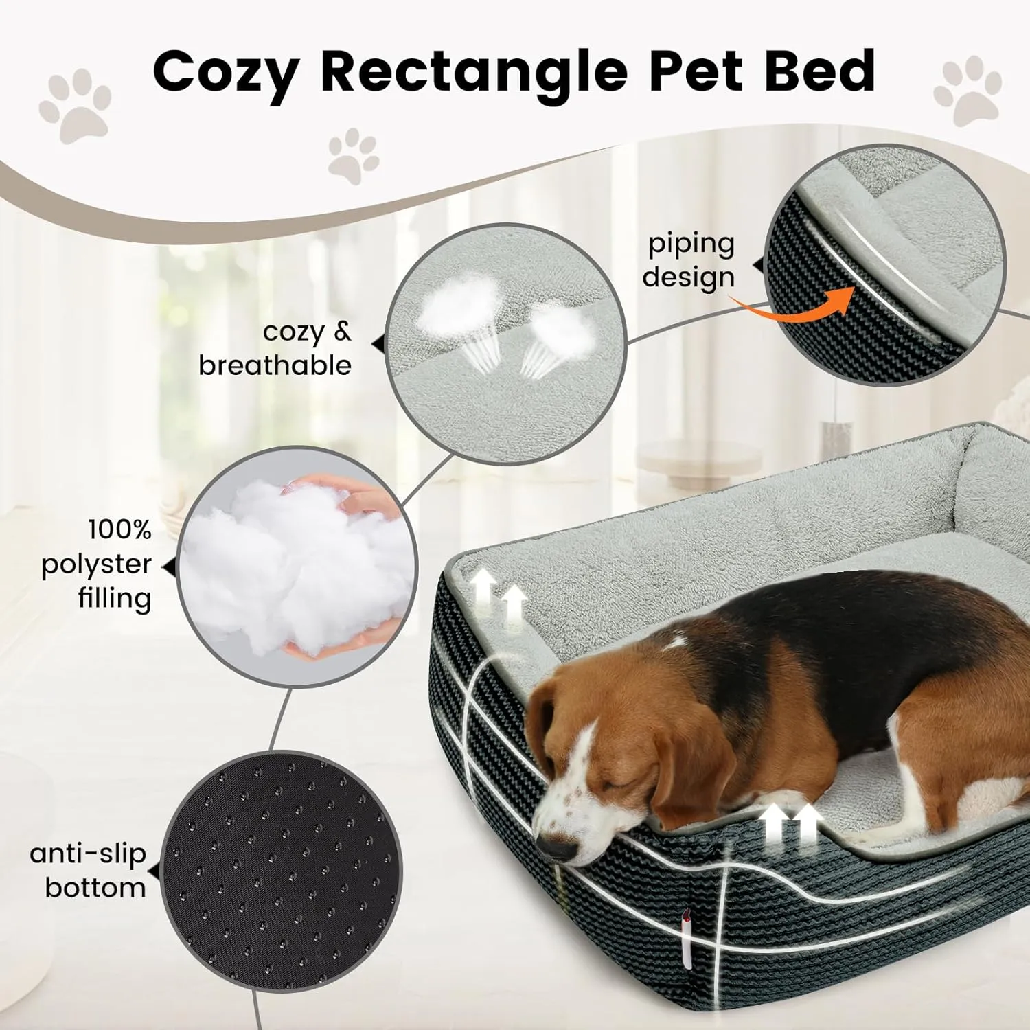 Miguel Dog Bed with Removable Cushion/Pillow for Medium Small Dogs, Washable Pet Bed with Side Easy to Wash Puppy Bed, Large Rectangle Cat Bed for Indoor Cat with Anti-Slip Bottom, Dark Gray 25 Inch