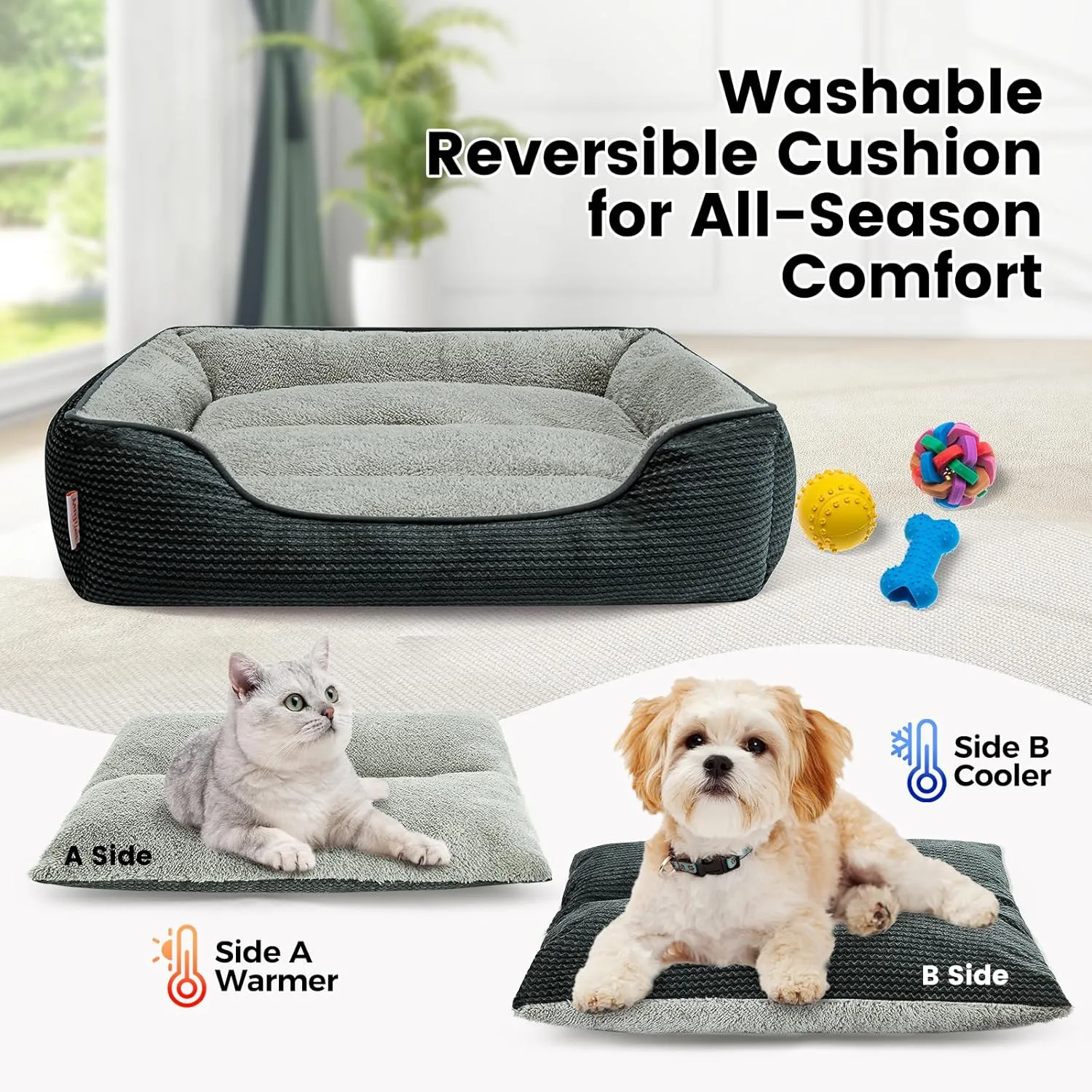 Miguel Dog Bed with Removable Cushion/Pillow for Medium Small Dogs, Washable Pet Bed with Side Easy to Wash Puppy Bed, Large Rectangle Cat Bed for Indoor Cat with Anti-Slip Bottom, Dark Gray 25 Inch