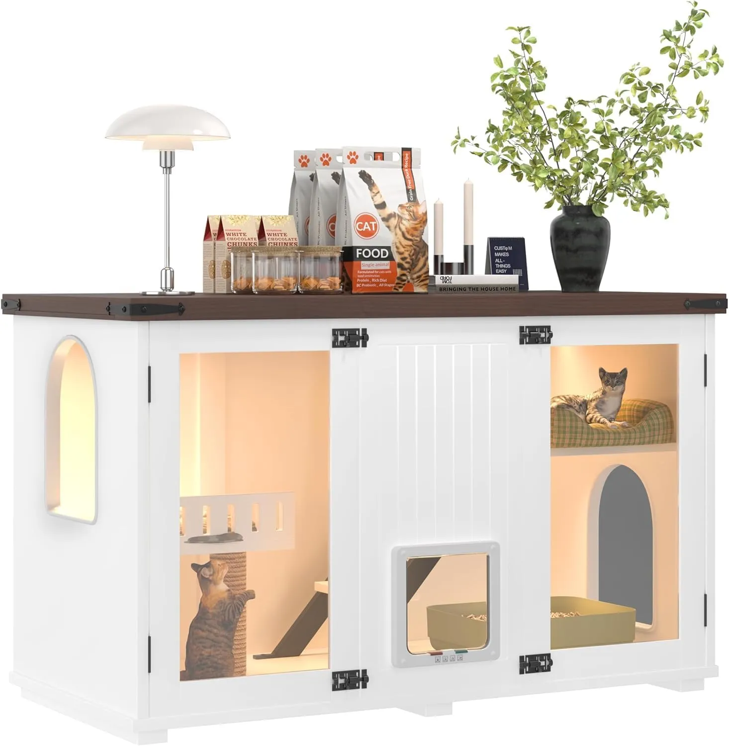 Multi-Functional Cat Litter Box Enclosure Cabinet with LED Light,Scratching Post,Adjustable Doors, Climbing Stairs,Indoor Cat Playpen Villa Playground Set for 2-3 Kitten Medium Large Cats for Home