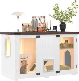 Multi-Functional Cat Litter Box Enclosure Cabinet with LED Light,Scratching Post,Adjustable Doors, Climbing Stairs,Indoor Cat Playpen Villa Playground Set for 2-3 Kitten Medium Large Cats for Home