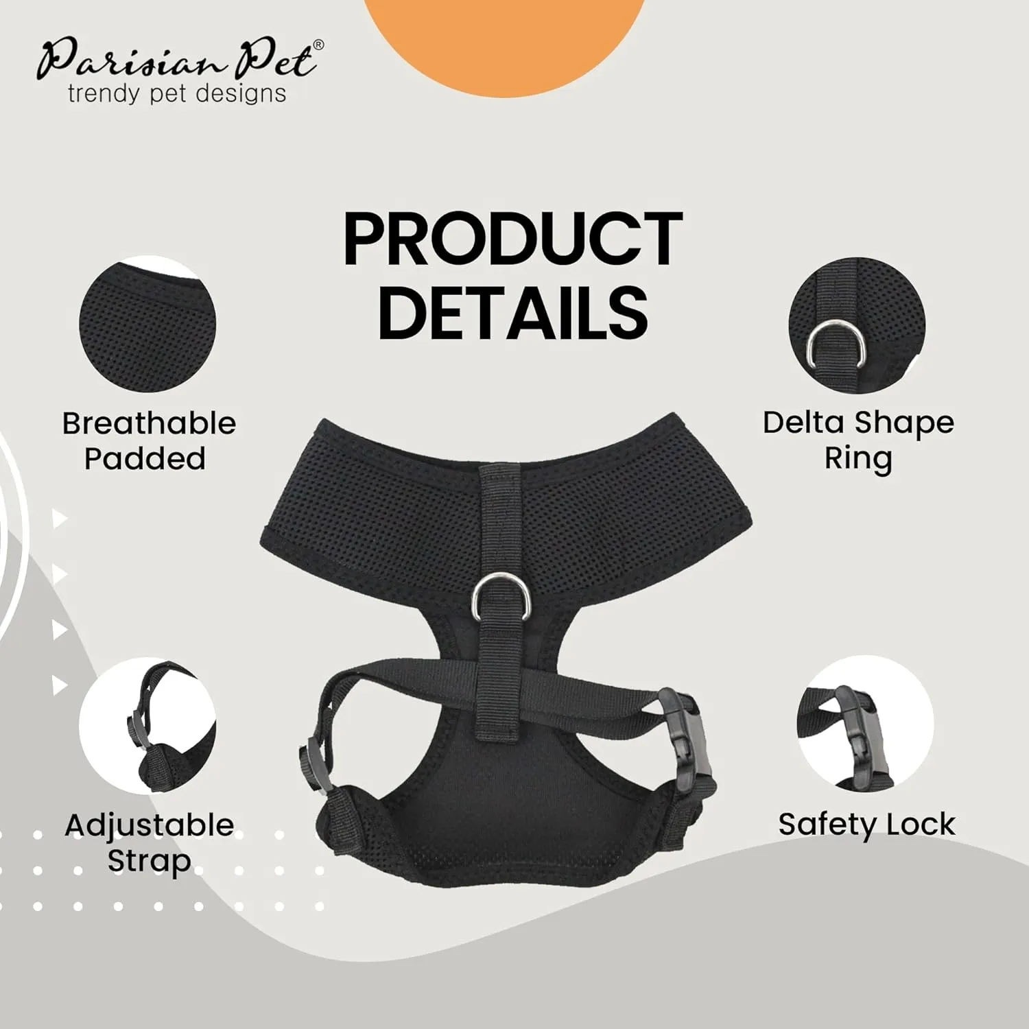 Parisian Pet Dog Harness - Adjustable, No Pull, Soft Padded Mesh Pet Harness for Cats and Dogs - Black, Size S