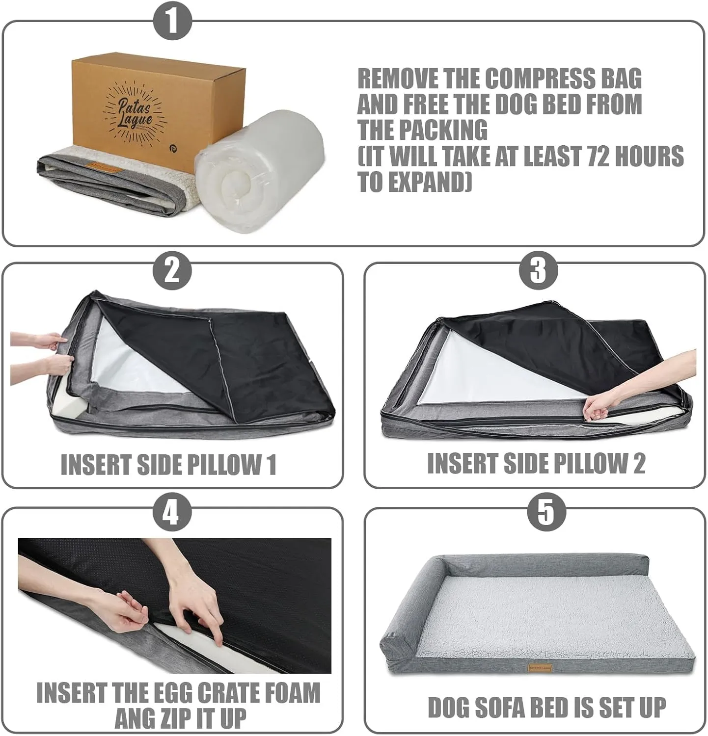 Patas Lague Orthopedic Dog Bed for Large Dogs, Waterproof L Shaped Large Pet Sofa Beds with Removable Washable Cover, Soft Comfortable Pet Couch Mat with Nonskid Bottom, 36''X24'' Grey