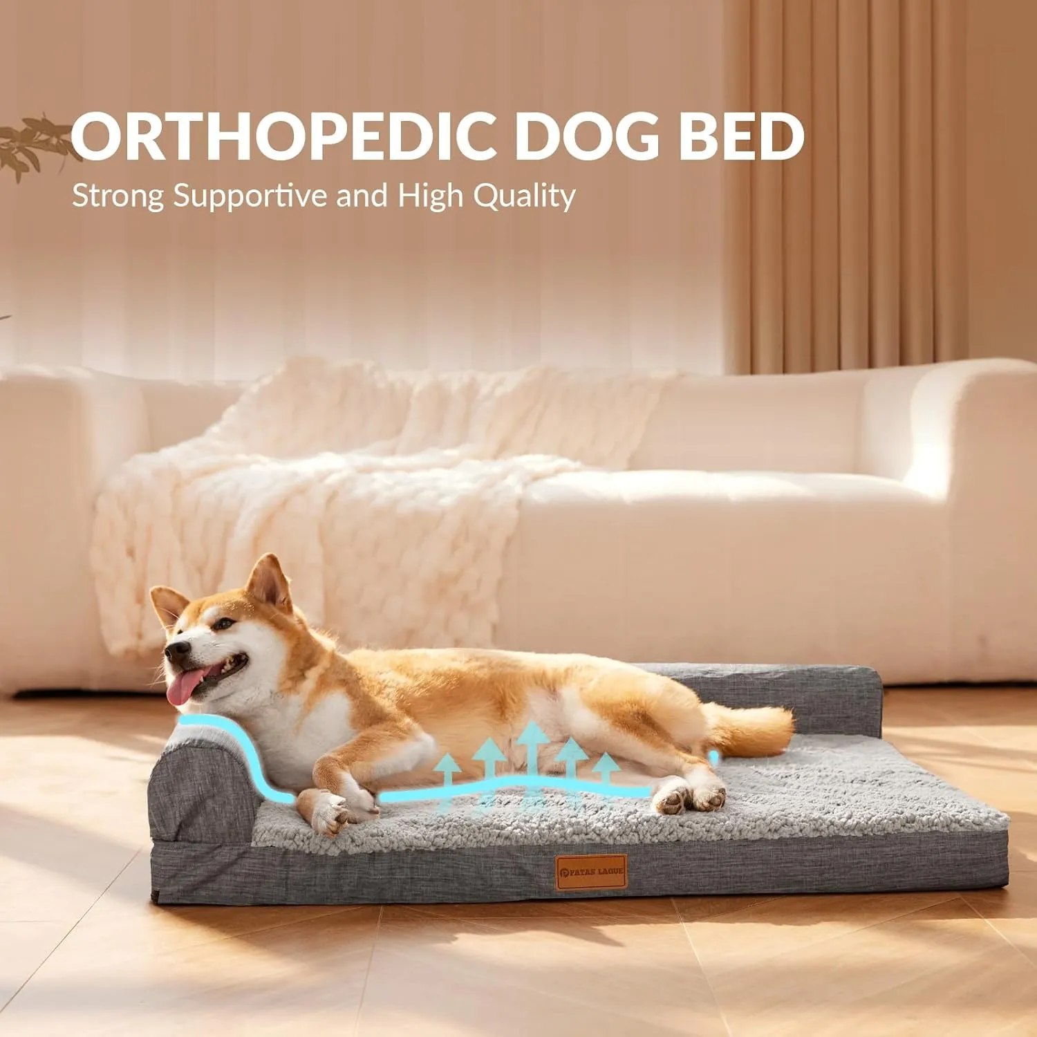 Patas Lague Orthopedic Dog Bed for Large Dogs, Waterproof L Shaped Large Pet Sofa Beds with Removable Washable Cover, Soft Comfortable Pet Couch Mat with Nonskid Bottom, 36''X24'' Grey
