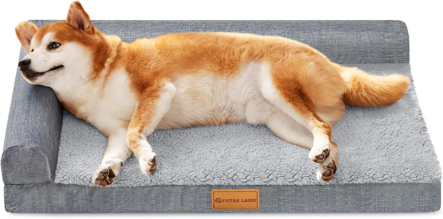 Patas Lague Orthopedic Dog Bed for Large Dogs, Waterproof L Shaped Large Pet Sofa Beds with Removable Washable Cover, Soft Comfortable Pet Couch Mat with Nonskid Bottom, 36''X24'' Grey