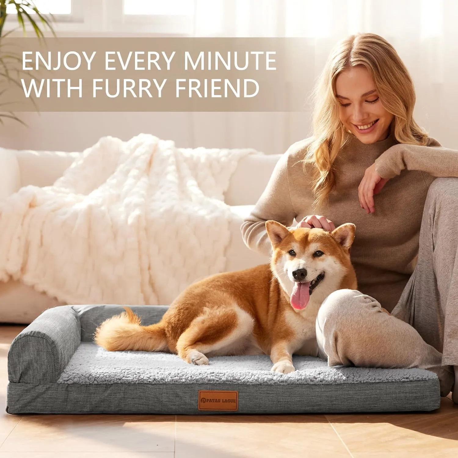 Patas Lague Orthopedic Dog Bed for Large Dogs, Waterproof L Shaped Large Pet Sofa Beds with Removable Washable Cover, Soft Comfortable Pet Couch Mat with Nonskid Bottom, 36''X24'' Grey
