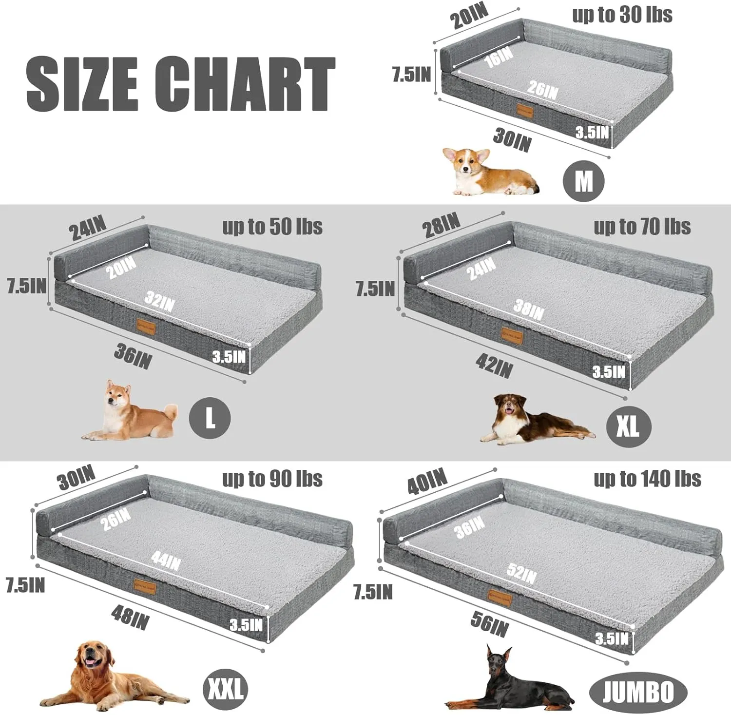 Patas Lague Orthopedic Dog Bed for Large Dogs, Waterproof L Shaped Large Pet Sofa Beds with Removable Washable Cover, Soft Comfortable Pet Couch Mat with Nonskid Bottom, 36''X24'' Grey
