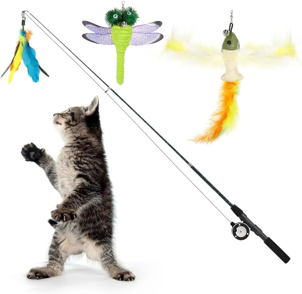 Pawaboo Cat Feather Toys, 4 Pack Interactive Cat Feather Teaser Wand Toys, Retractable Fishing Pole Wand Catcher Exerciser with Refill Fish, Dragonfly Worm with Bells, Fun Kitten Kitty Toy, Colorful