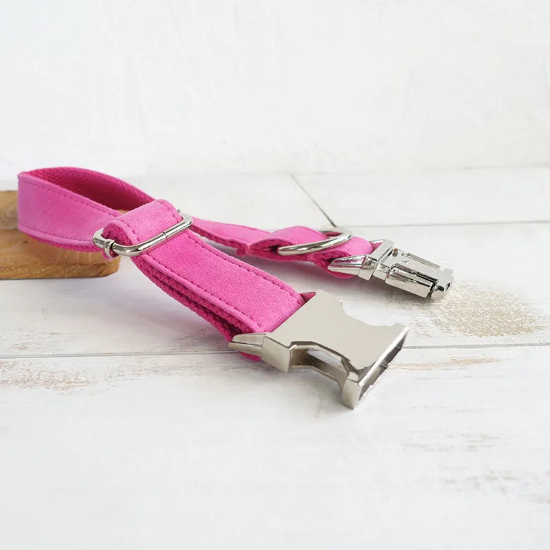 Personalized Dog Collar Pink Velvet with Leash Bow Tie and Engraved Metal Buckle