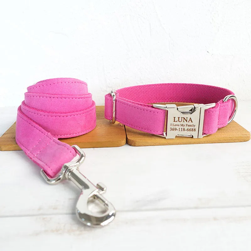 Personalized Dog Collar Pink Velvet with Leash Bow Tie and Engraved Metal Buckle