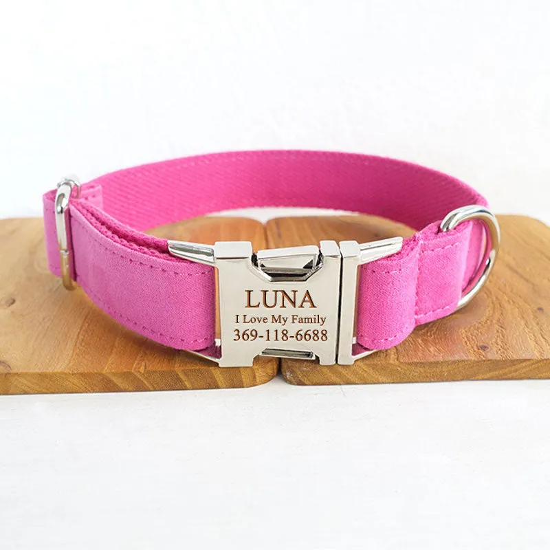 Personalized Dog Collar Pink Velvet with Leash Bow Tie and Engraved Metal Buckle