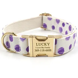 Personalized Dog Collar Set Engraved Gold Buckle Purple Spot Print White Cotton
