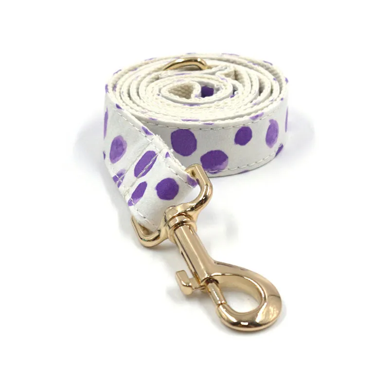 Personalized Dog Collar Set Engraved Gold Buckle Purple Spot Print White Cotton