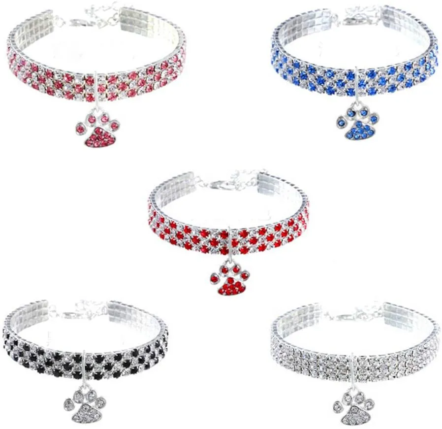Pet Collar with Diamonds, Adjustable Crystal Diamond Elastic Heart Claw Pendant Wedding cat and Dog Small pet Necklace Jewelry