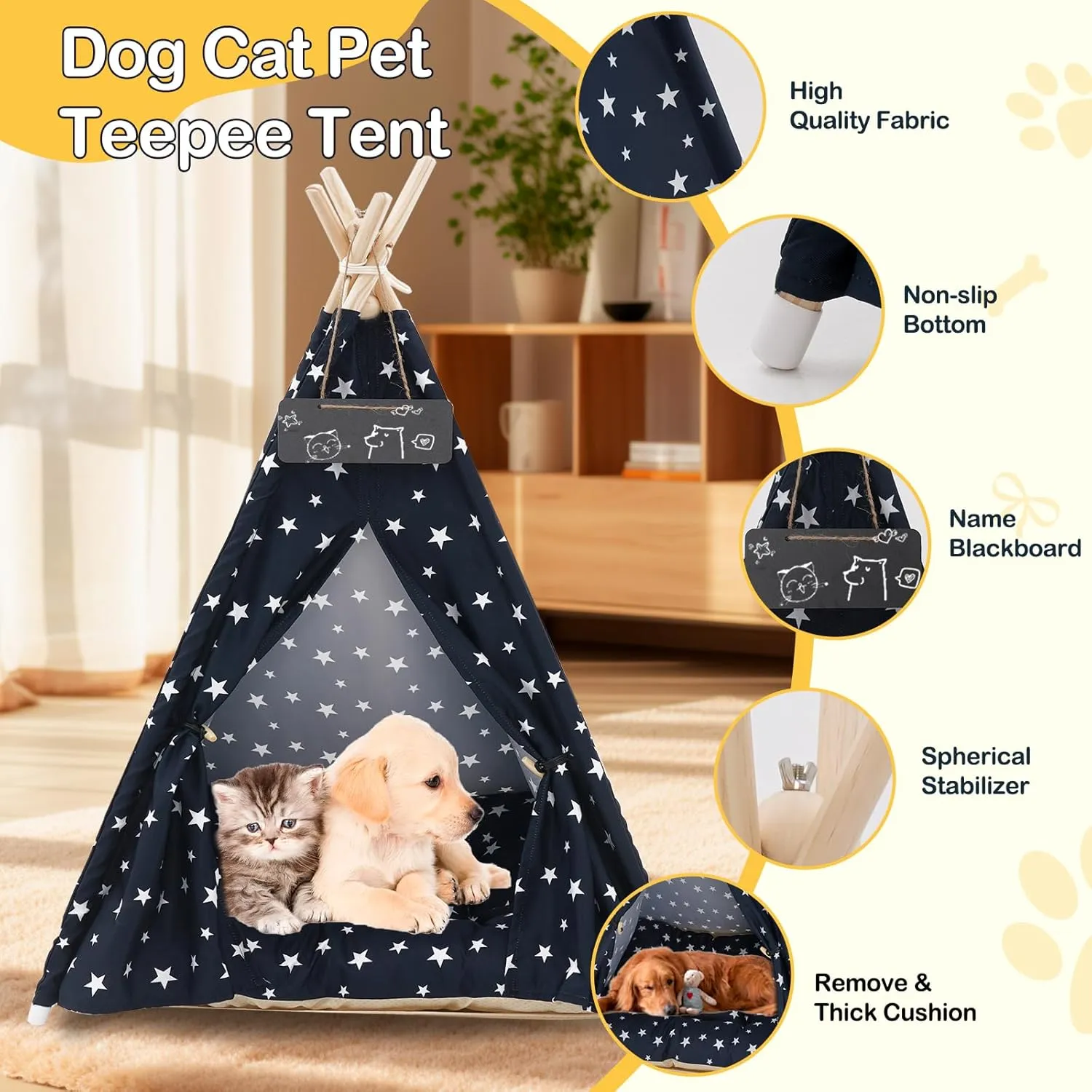Pet Teepee Tent for Dogs & Cats, 24 Inch & 43 Inch Portable Indoor Dog House with Thick Cushion, Cat Teepee Washable Tent Dog Teepee Bed Indoor (43 Inch, Navy Blue Stars)