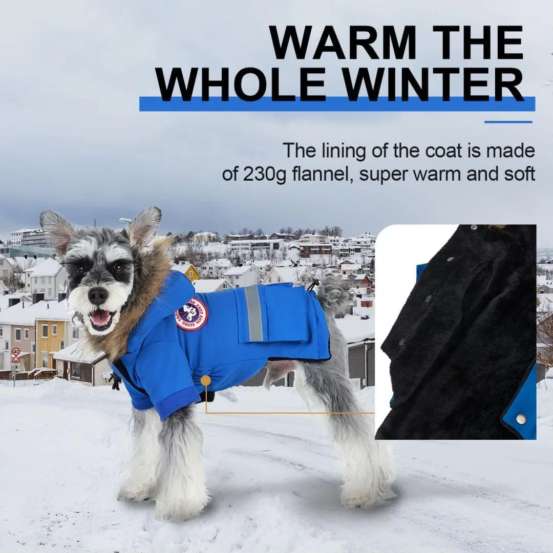 PINA Small Dog Coats - Waterproof Winter Jacket with Flannel Lining, Faux Fur Hood & Pocket