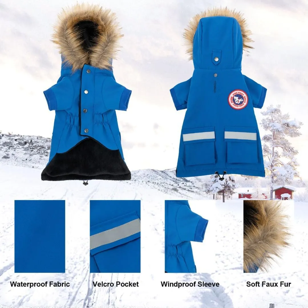 PINA Small Dog Coats - Waterproof Winter Jacket with Flannel Lining, Faux Fur Hood & Pocket