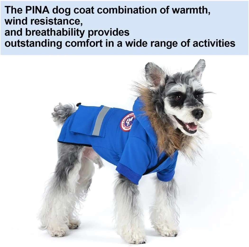 PINA Small Dog Coats - Waterproof Winter Jacket with Flannel Lining, Faux Fur Hood & Pocket