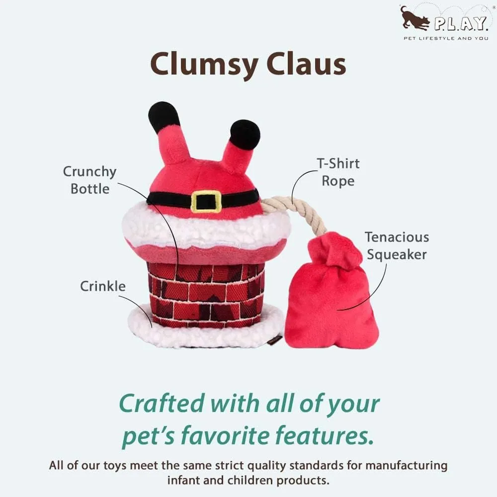 P.L.A.Y. Cute Plush Dog Toys - Merry Woofmas Christmas Themed Durable Squeaker Chew Toy, Great for Puppies & Small, Medium, Large Dog - Machine Washable, Recycled Material (Clumsy Claus Santa Chimney)