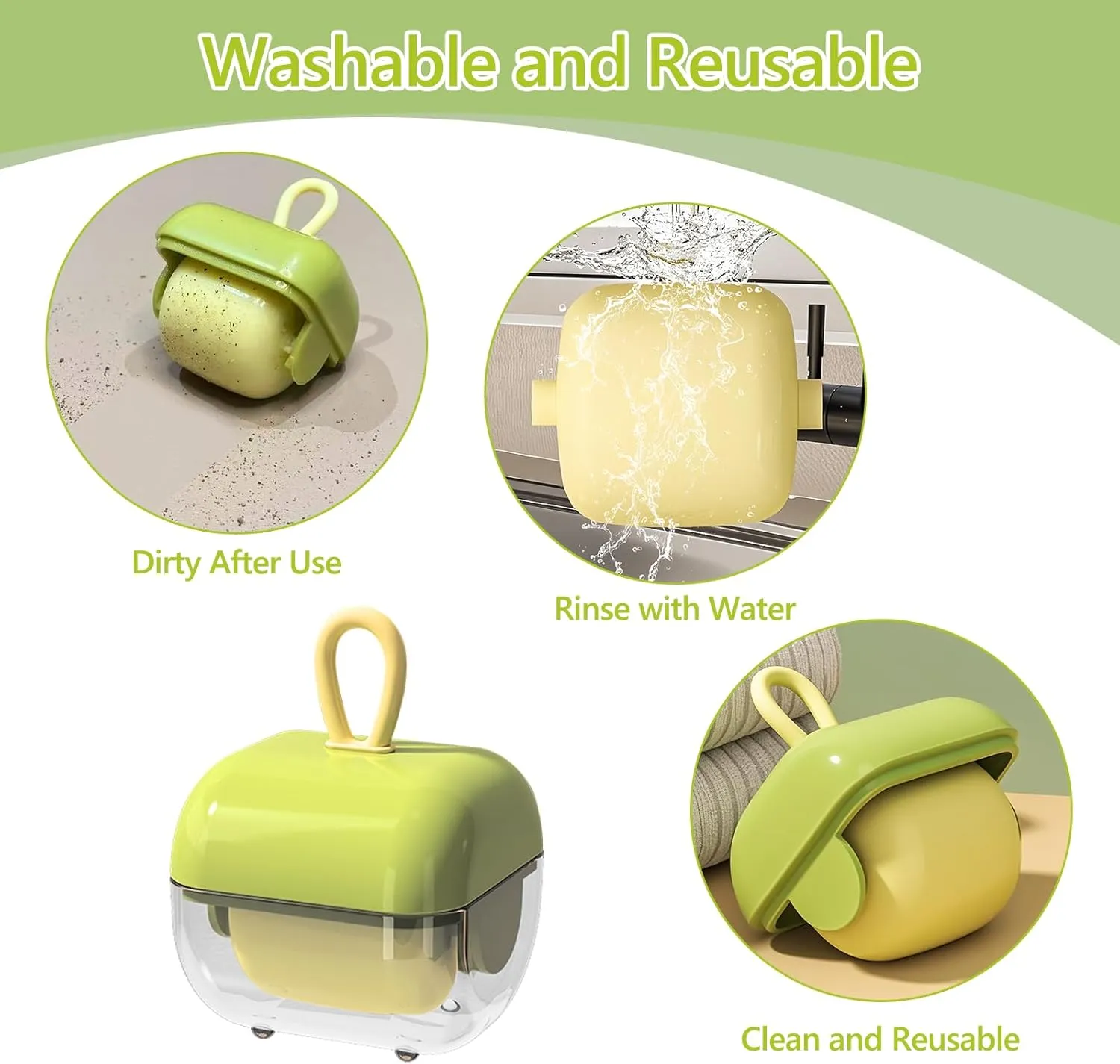 Reusable Lint Roller Washable Mini Sticky Roller Portable Remover for Clothes, Sofa, Car & Travel Pet Hair Removal Tool (Green 2Pack)