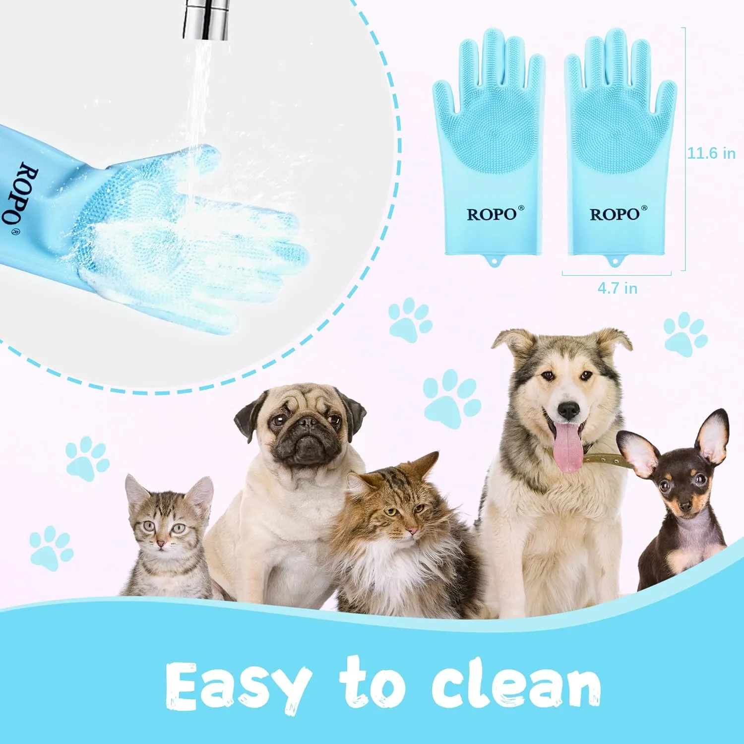 ROPO silicone gloves for pet grooming, multi-functional gloves for pet hair shedding, bathing, and massage (Blue)