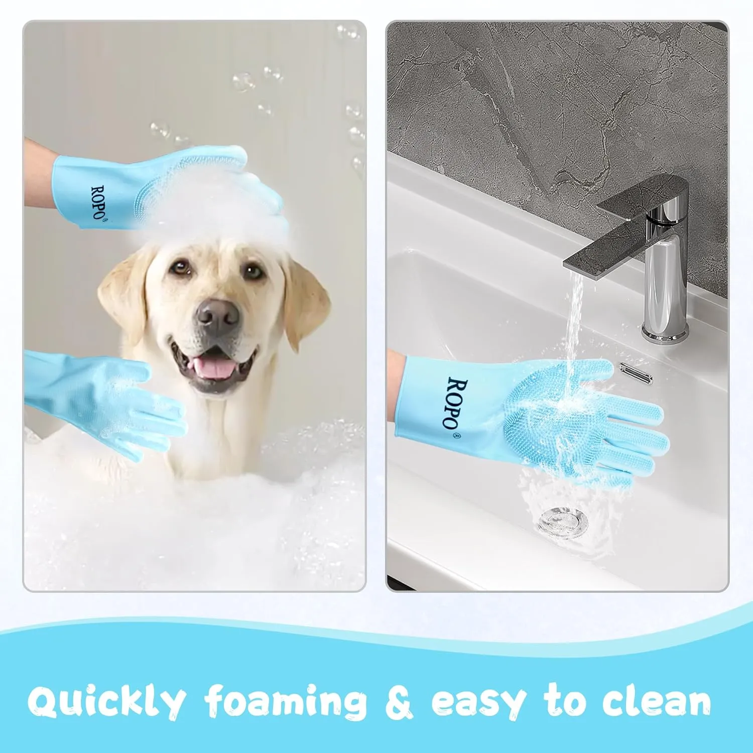 ROPO silicone gloves for pet grooming, multi-functional gloves for pet hair shedding, bathing, and massage (Blue)