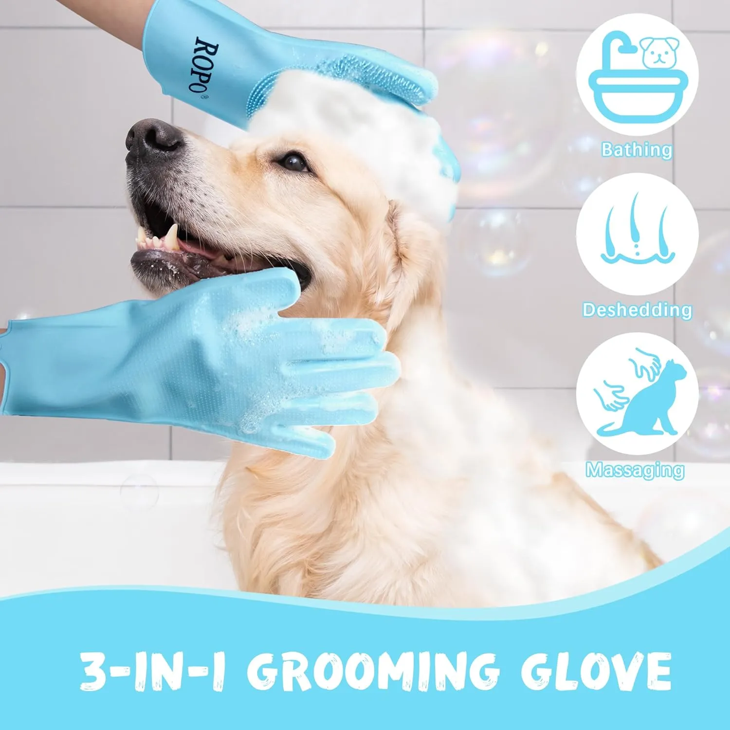 ROPO silicone gloves for pet grooming, multi-functional gloves for pet hair shedding, bathing, and massage (Blue)
