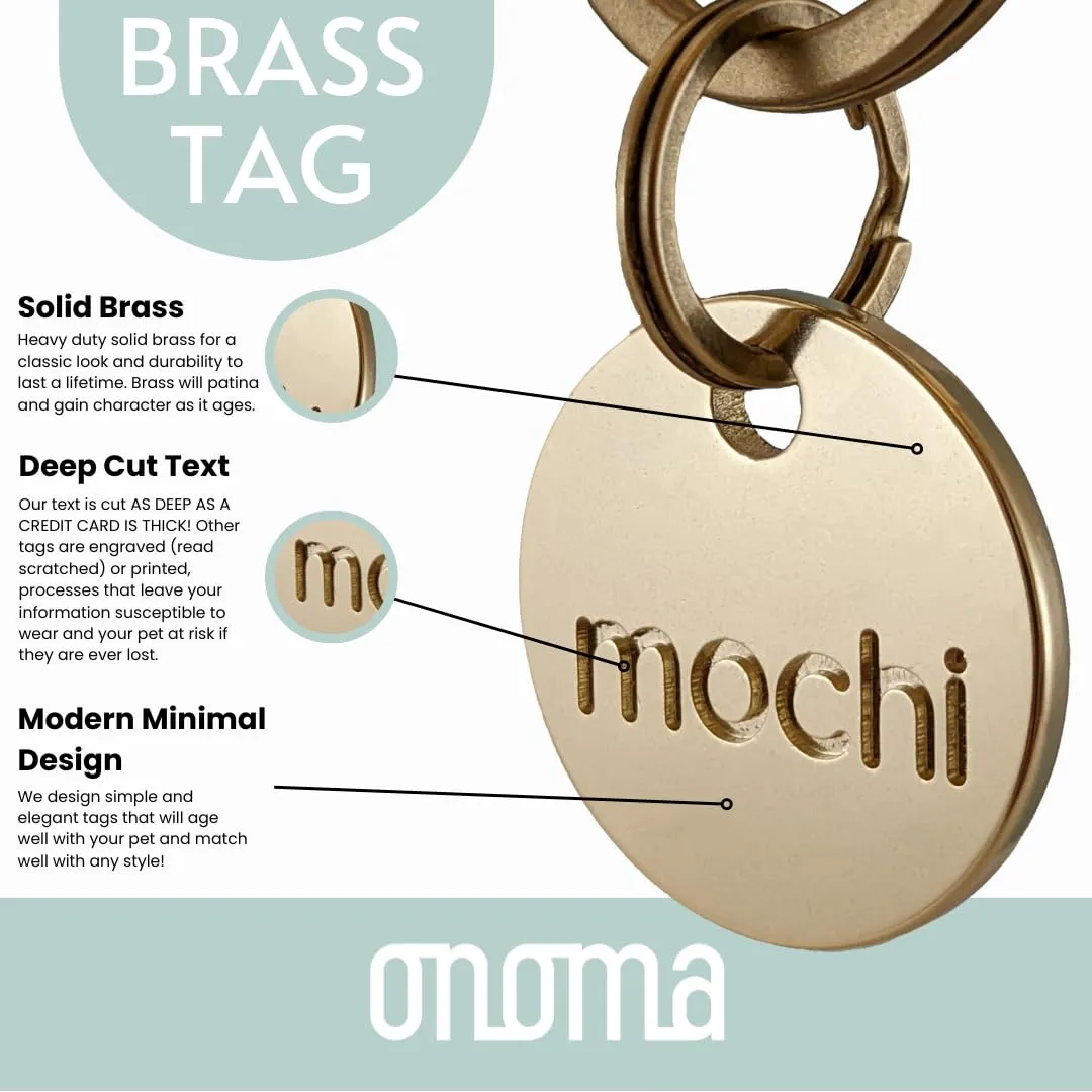 SOLID BRASS PET TAG - Modern, Minimal Pet IDs. Durable, Lifetime tags with deep cut text. Includes space for two phone numbers. (Bell)