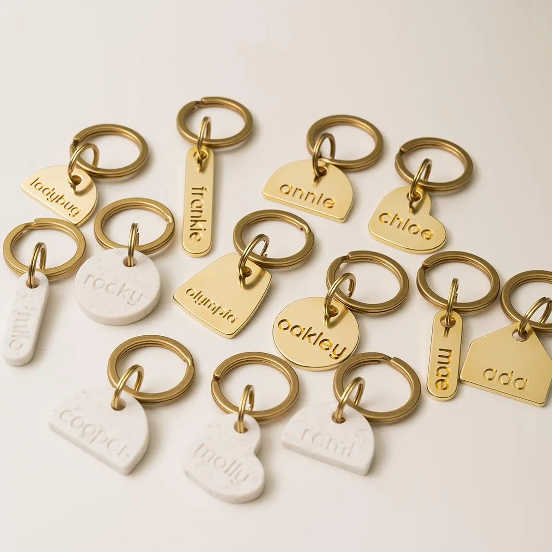 SOLID BRASS PET TAG - Modern, Minimal Pet IDs. Durable, Lifetime tags with deep cut text. Includes space for two phone numbers. (Bell)