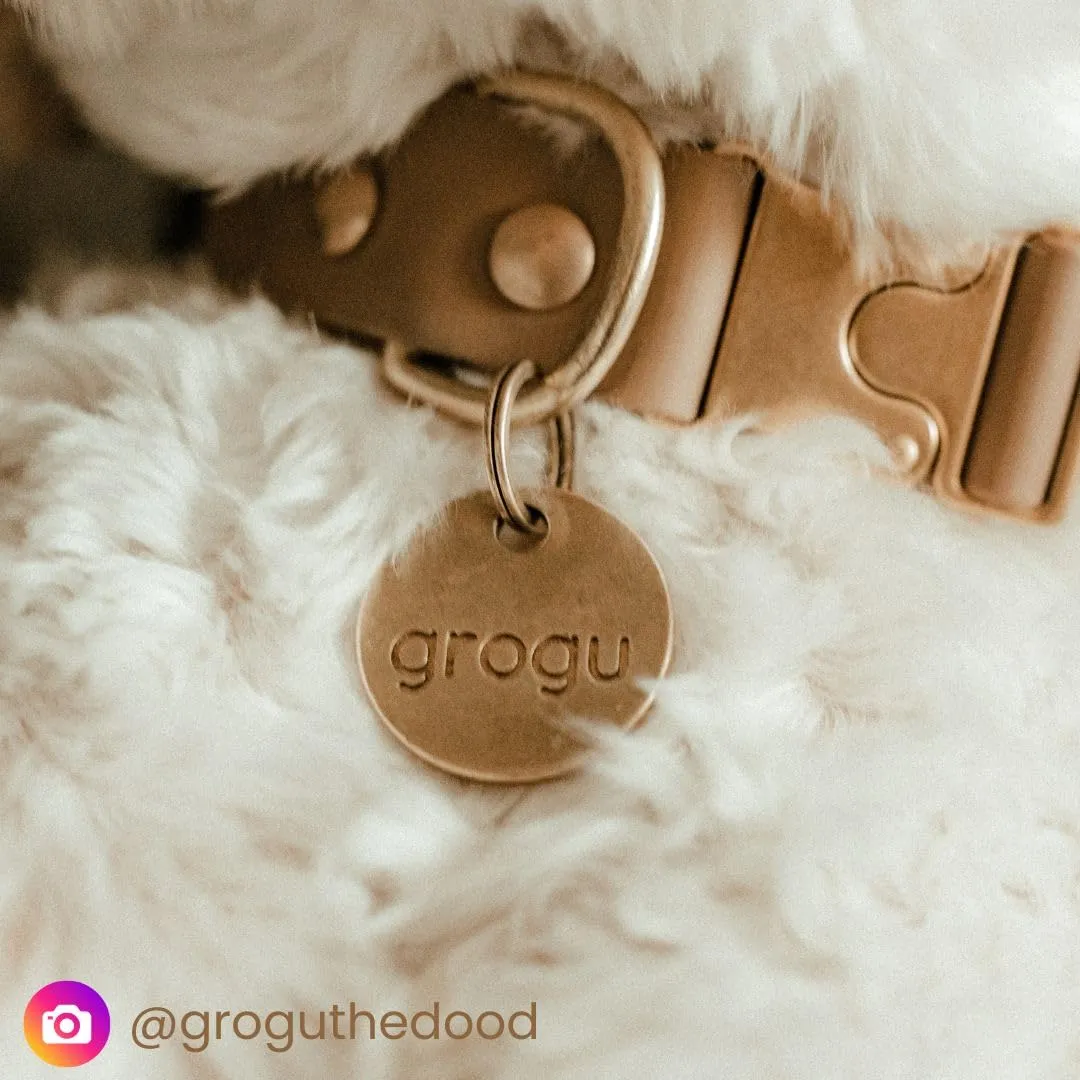 SOLID BRASS PET TAG - Modern, Minimal Pet IDs. Durable, Lifetime tags with deep cut text. Includes space for two phone numbers. (Bell)
