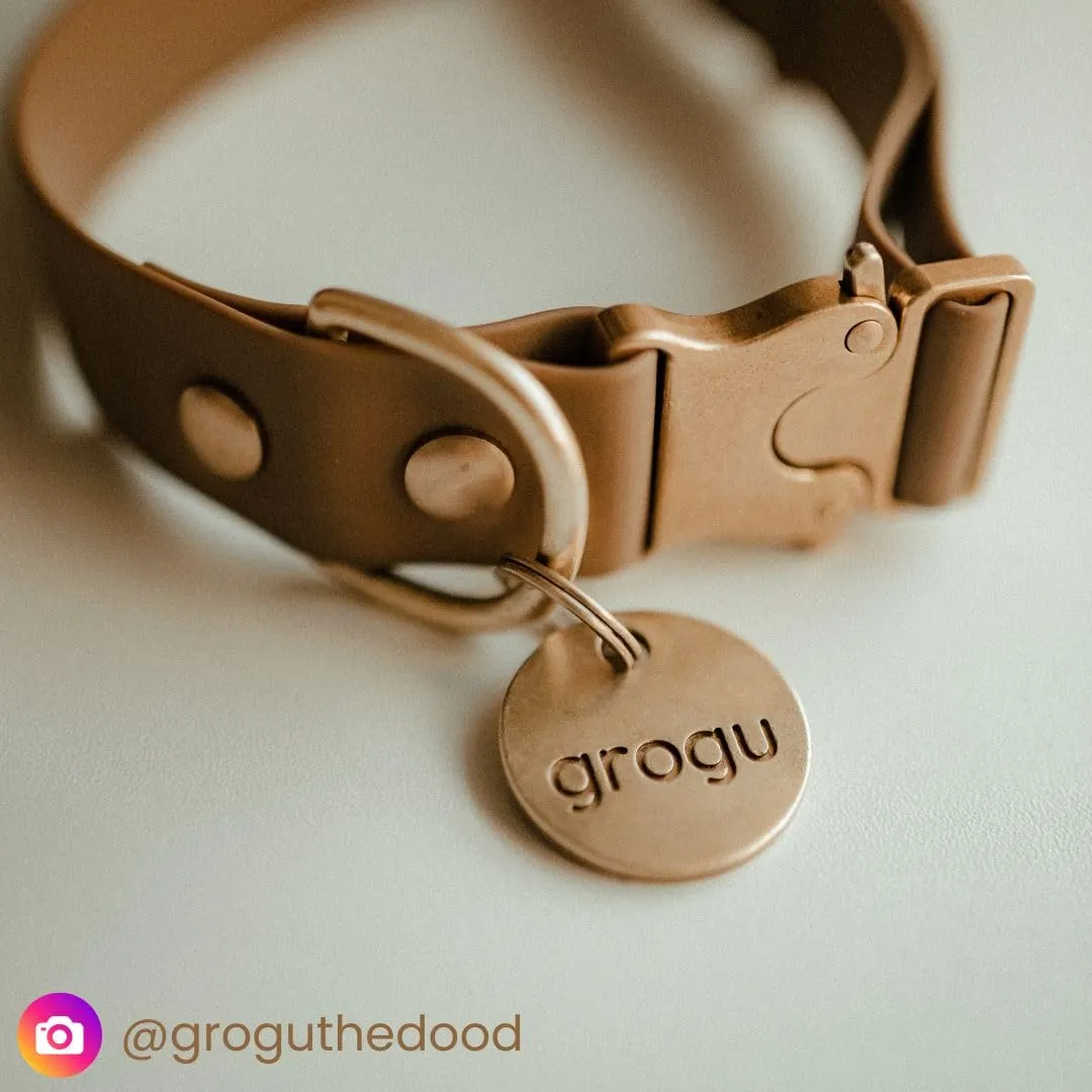 SOLID BRASS PET TAG - Modern, Minimal Pet IDs. Durable, Lifetime tags with deep cut text. Includes space for two phone numbers. (Bell)