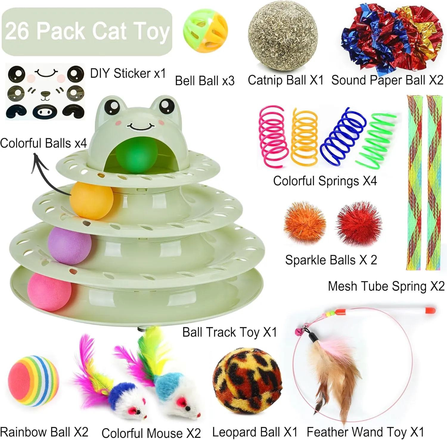 Suhaco 26 Pack Cat Toys Interactive for Indoor Cats Kitten Toy Fun Roller 4 Level Cat Teaser Ball Toys with 4 Colorful Balls Cat Feather Wand Kitty Toy Set for Boredom (Green)