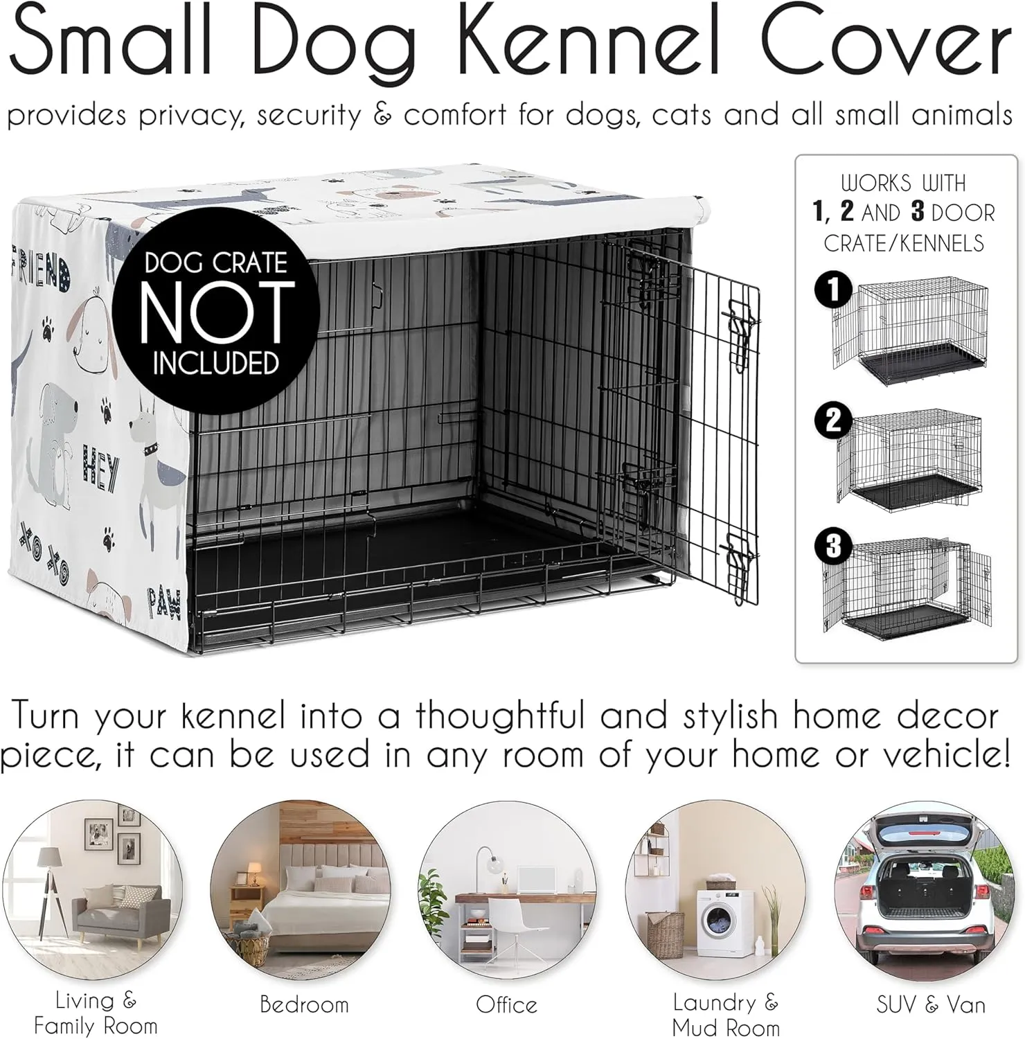 Sweet Jojo Designs 30in. Small/Medium Dog Crate Cover (Cartoon Puppy Print) Pet Cage, Kennel Covers (Neutral, Modern, Bulldog, Wiener Doggy, Paws, Whimsical, Playful, Woof, Dachshund, Blue, Taupe)