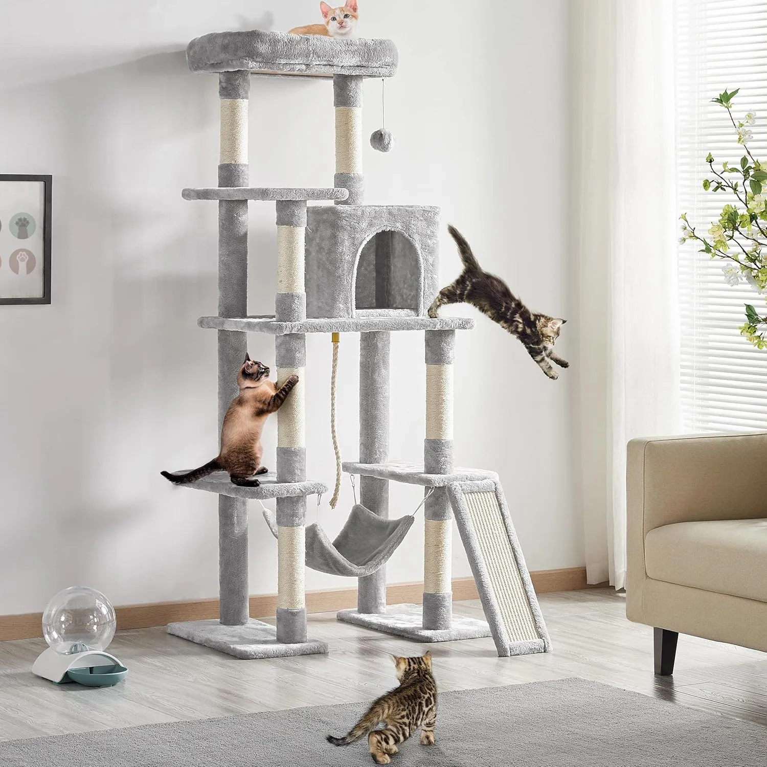 Topeakmart 63in Cat Tree, Large Cat Tower Furniture with Cat Condo, Padded Platform & Sisal-Covered Scratching Post, Stable Cat Tower Pet Play House
