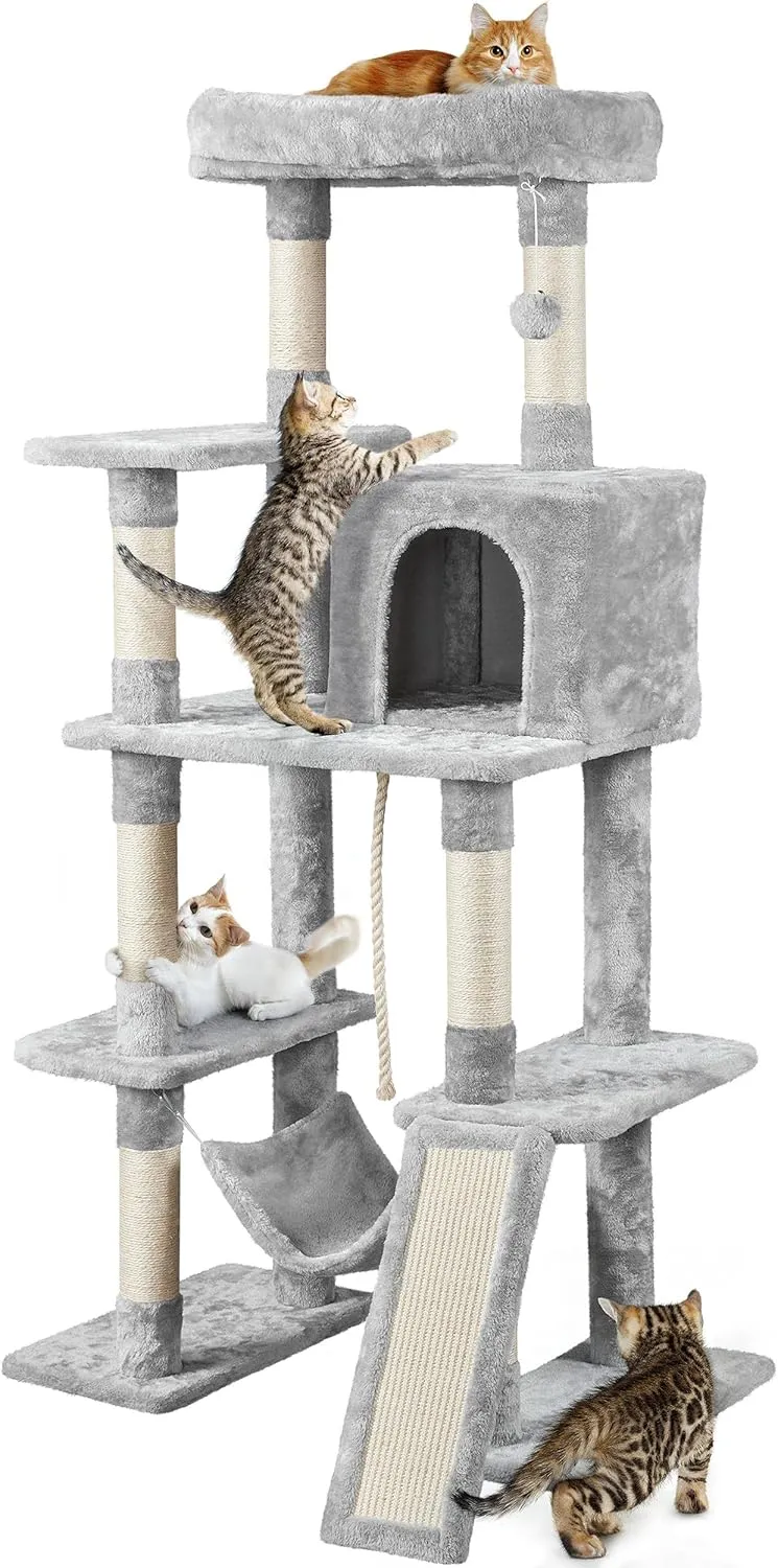 Topeakmart 63in Cat Tree, Large Cat Tower Furniture with Cat Condo, Padded Platform & Sisal-Covered Scratching Post, Stable Cat Tower Pet Play House