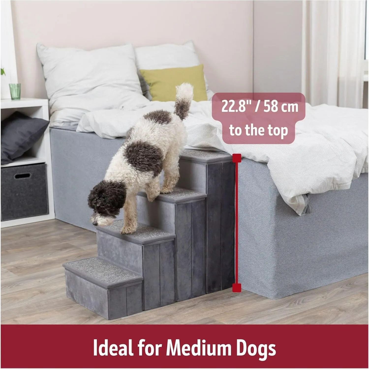 TRIXIE Velour Dog Stairs with Tread Steps - 4 Step Pet Stairs for Beds and Couches - Foldable with Additional Storage Space - Gray