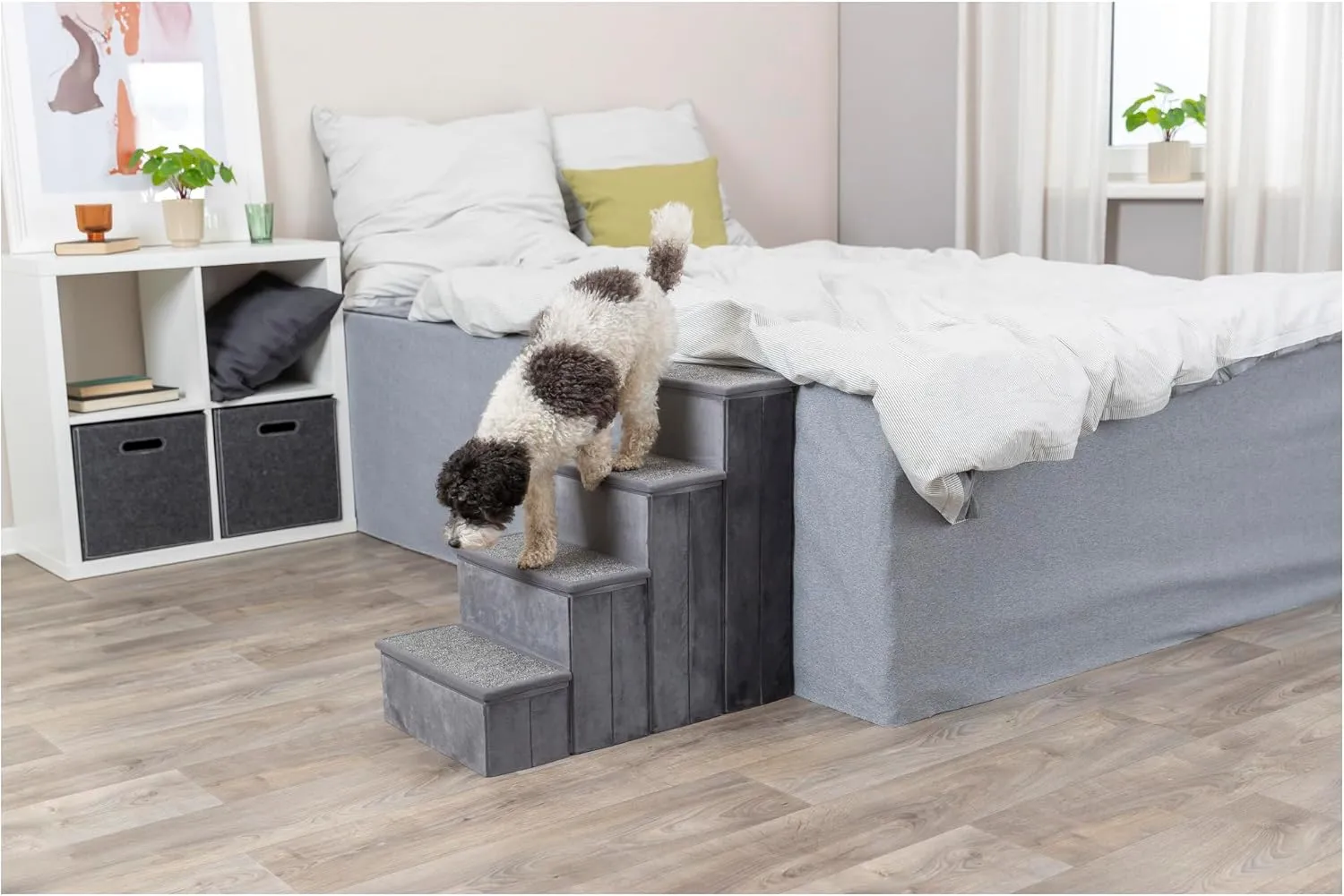 TRIXIE Velour Dog Stairs with Tread Steps - 4 Step Pet Stairs for Beds and Couches - Foldable with Additional Storage Space - Gray