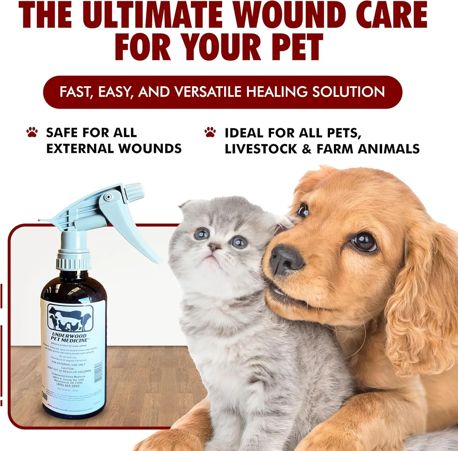 Underwood Pet Wound Care Spray  Versatile & Economical Wound Care Solution for All Animals - Prevents Infections, Gentle & Easy to Use - Antiseptic Spray Suitable for Cuts, Scrapes & Open Wounds