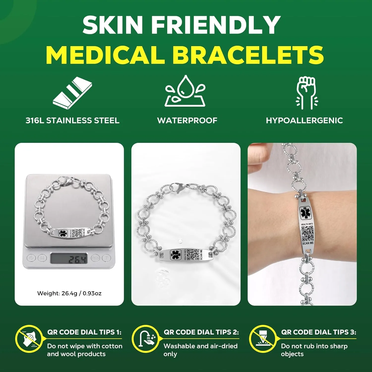 Upgraded Medical Bracelets with QR Code for Women Men Medical Alert Id Bracelet - Sterling Silver Small Code 7''-9'' - More Space Custom Emergency Medical ID Info