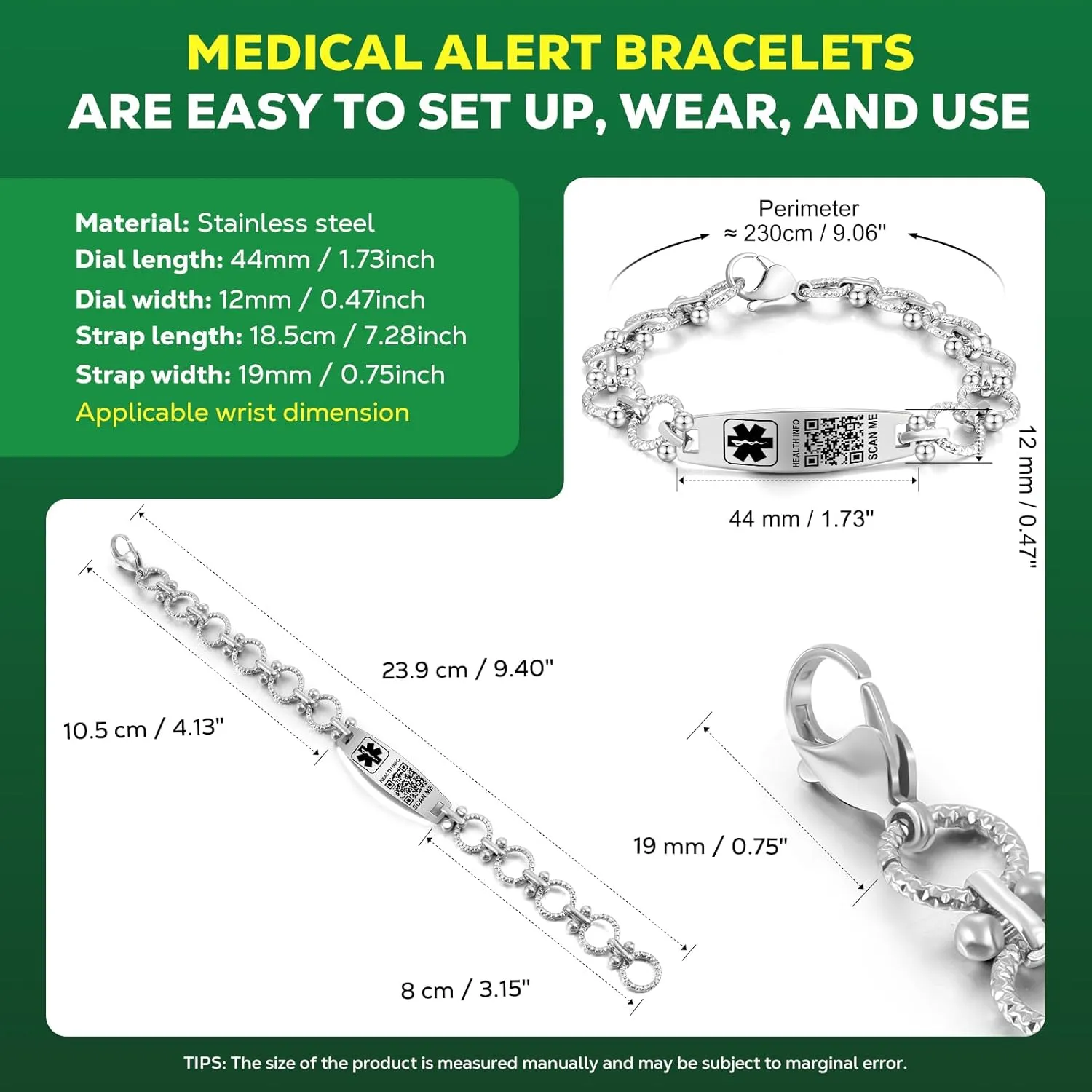 Upgraded Medical Bracelets with QR Code for Women Men Medical Alert Id Bracelet - Sterling Silver Small Code 7''-9'' - More Space Custom Emergency Medical ID Info