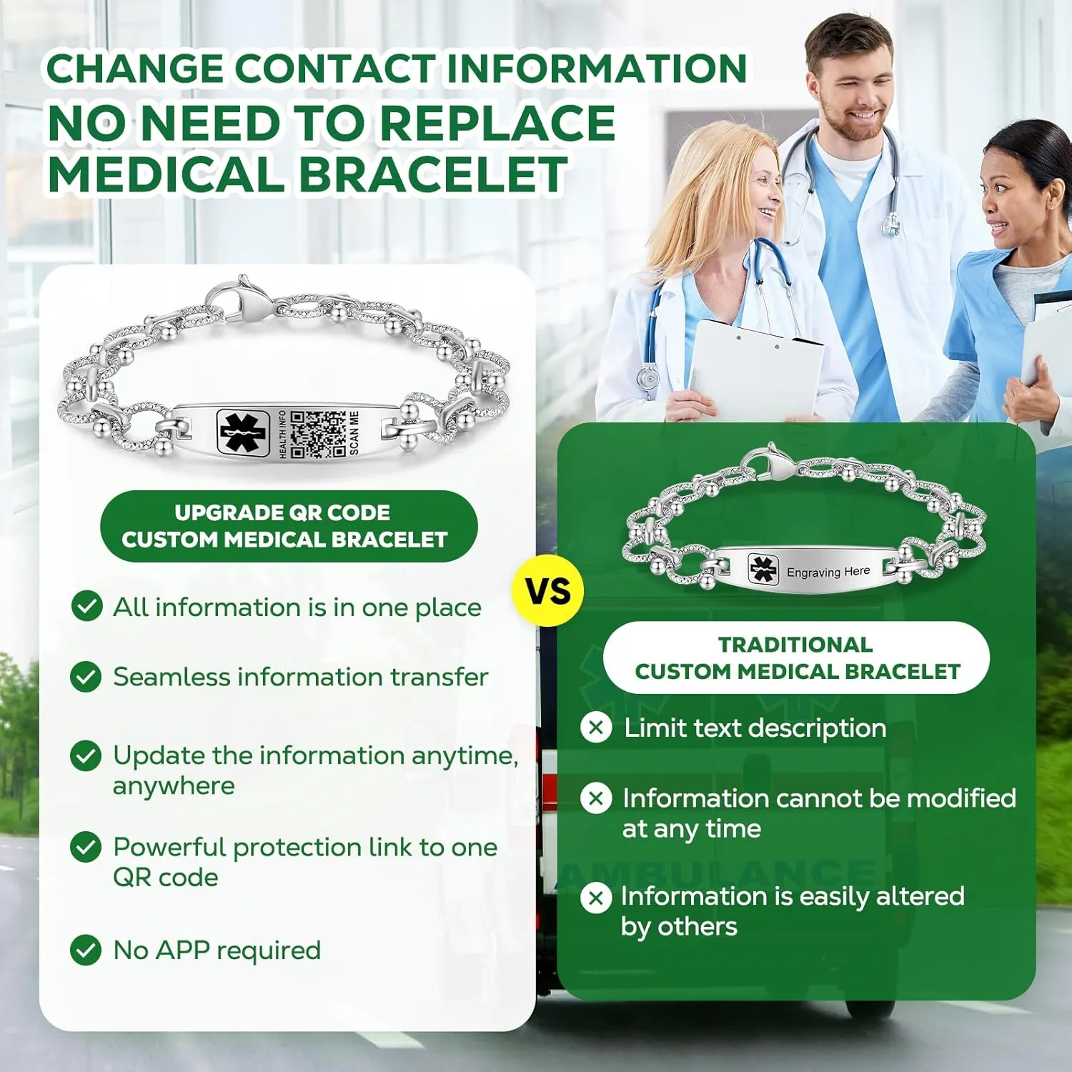 Upgraded Medical Bracelets with QR Code for Women Men Medical Alert Id Bracelet - Sterling Silver Small Code 7''-9'' - More Space Custom Emergency Medical ID Info