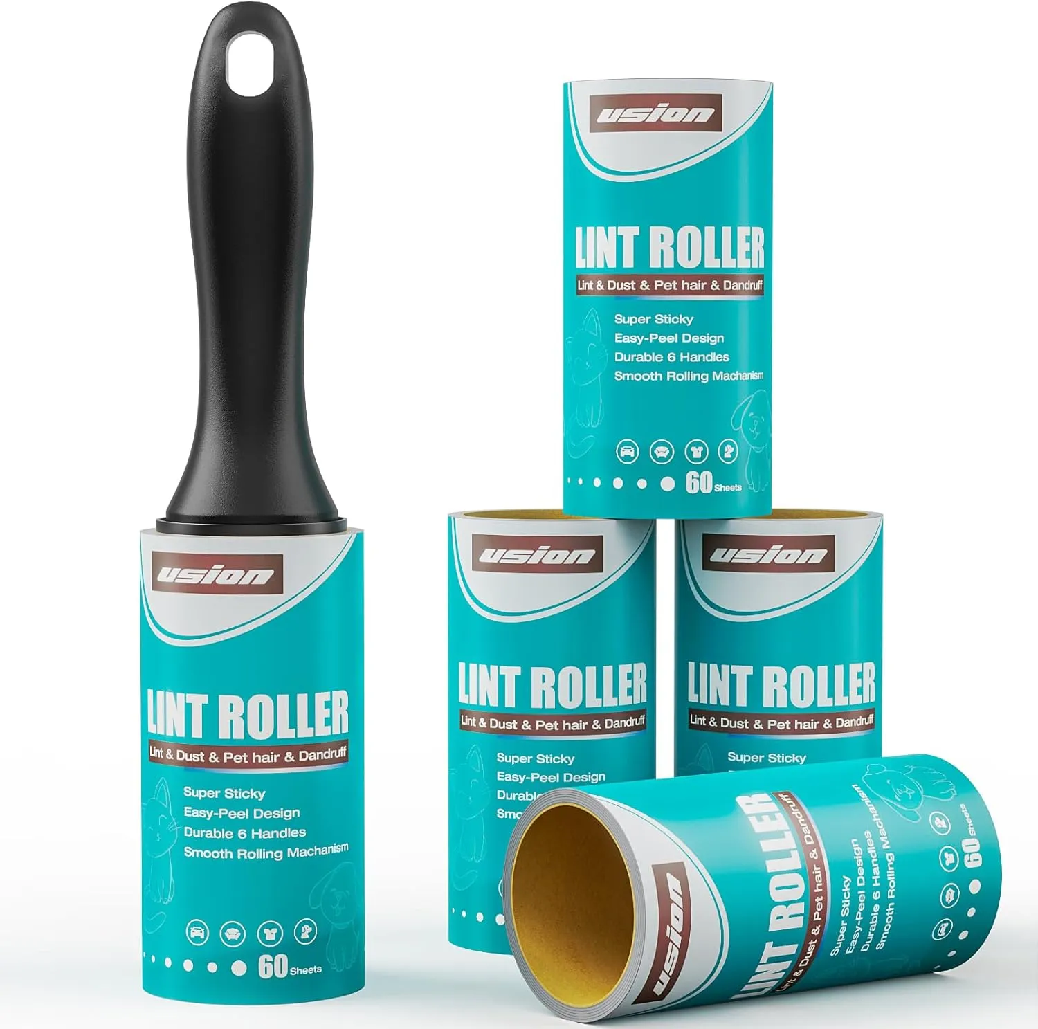 USION Lint Rollers for Pet Hair Extra Sticky, 300 Sheets of Lint Roller Refills, Lint Roller for Clothes with 1 Handle, Pet Hair Remover for Laundry for Clothes Sofa Bed and Carpet