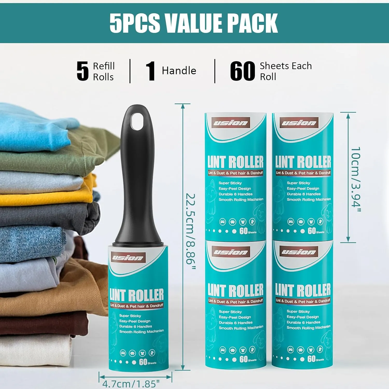 USION Lint Rollers for Pet Hair Extra Sticky, 300 Sheets of Lint Roller Refills, Lint Roller for Clothes with 1 Handle, Pet Hair Remover for Laundry for Clothes Sofa Bed and Carpet