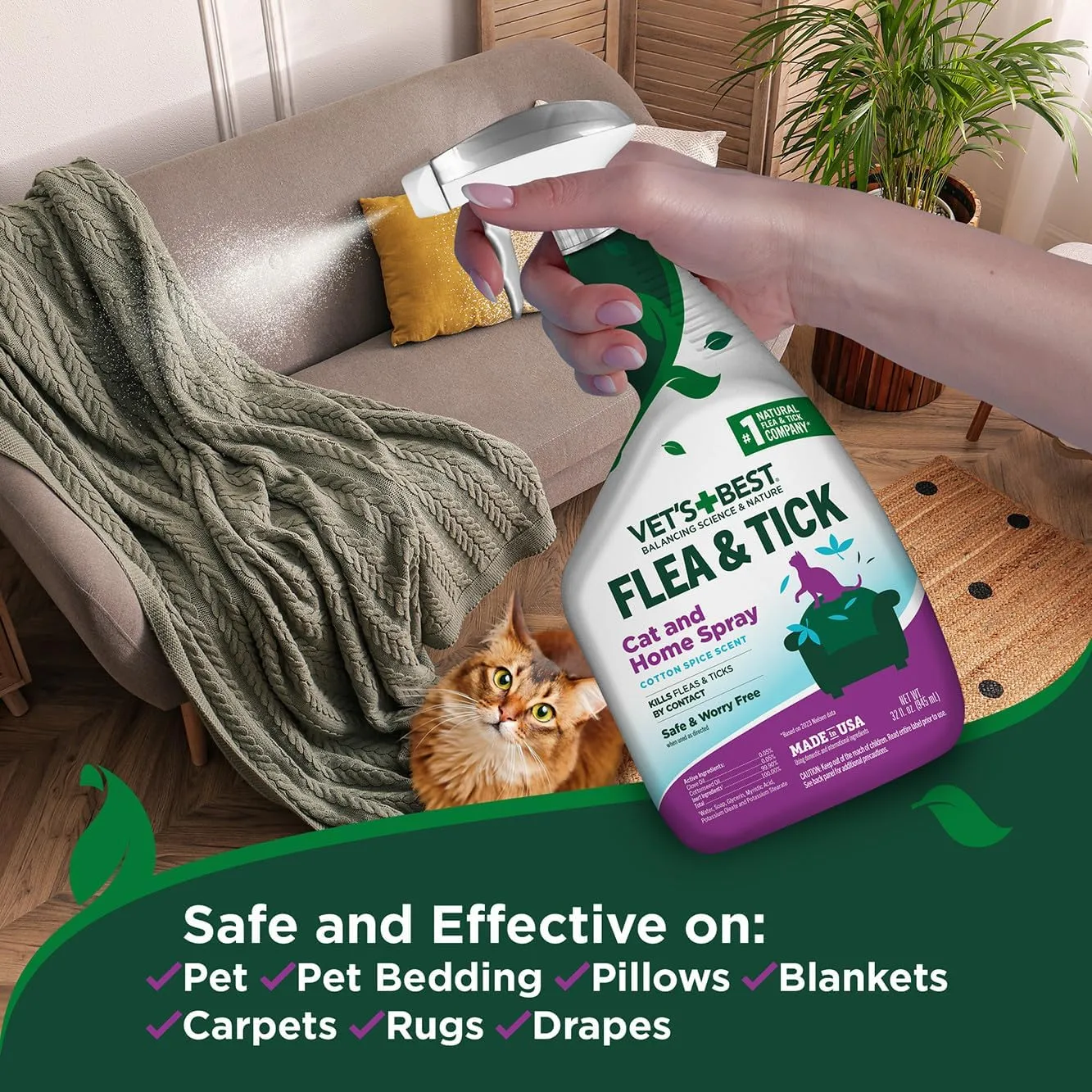Vets Best Flea & Tick Home Spray for Cats  Plant-Based Flea and Tick Treatment with Cotton Spice Scent  Gentle Mist for Indoor Use  Made in USA Natural Cat Pest Control  32 oz