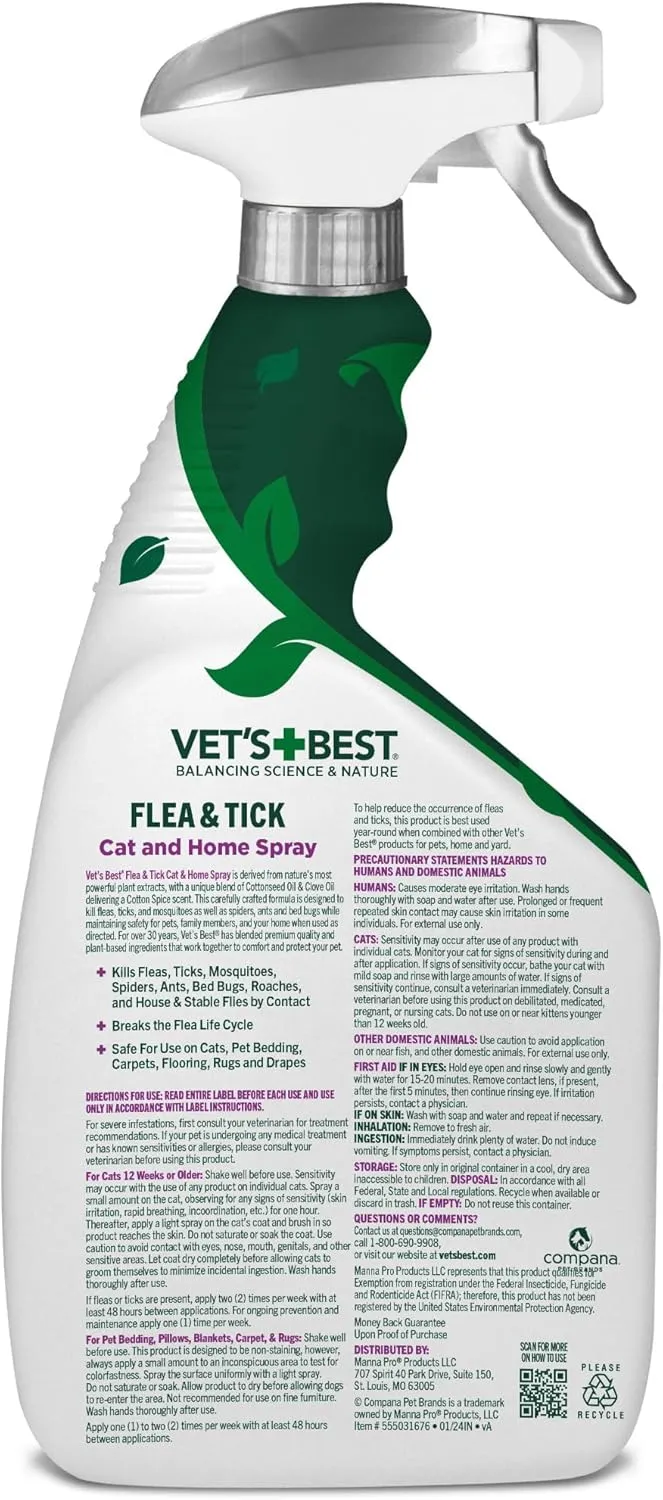 Vets Best Flea & Tick Home Spray for Cats  Plant-Based Flea and Tick Treatment with Cotton Spice Scent  Gentle Mist for Indoor Use  Made in USA Natural Cat Pest Control  32 oz