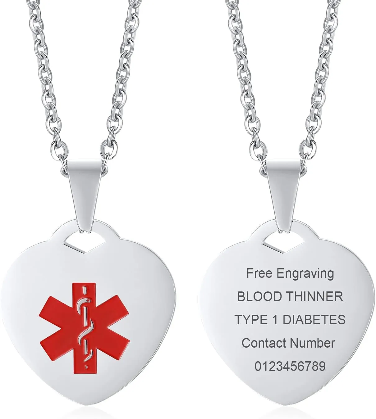 VNOX Personalized Engraving Stainless Steel Medical Alert ID Heart Pendant Necklace for Women Girls
