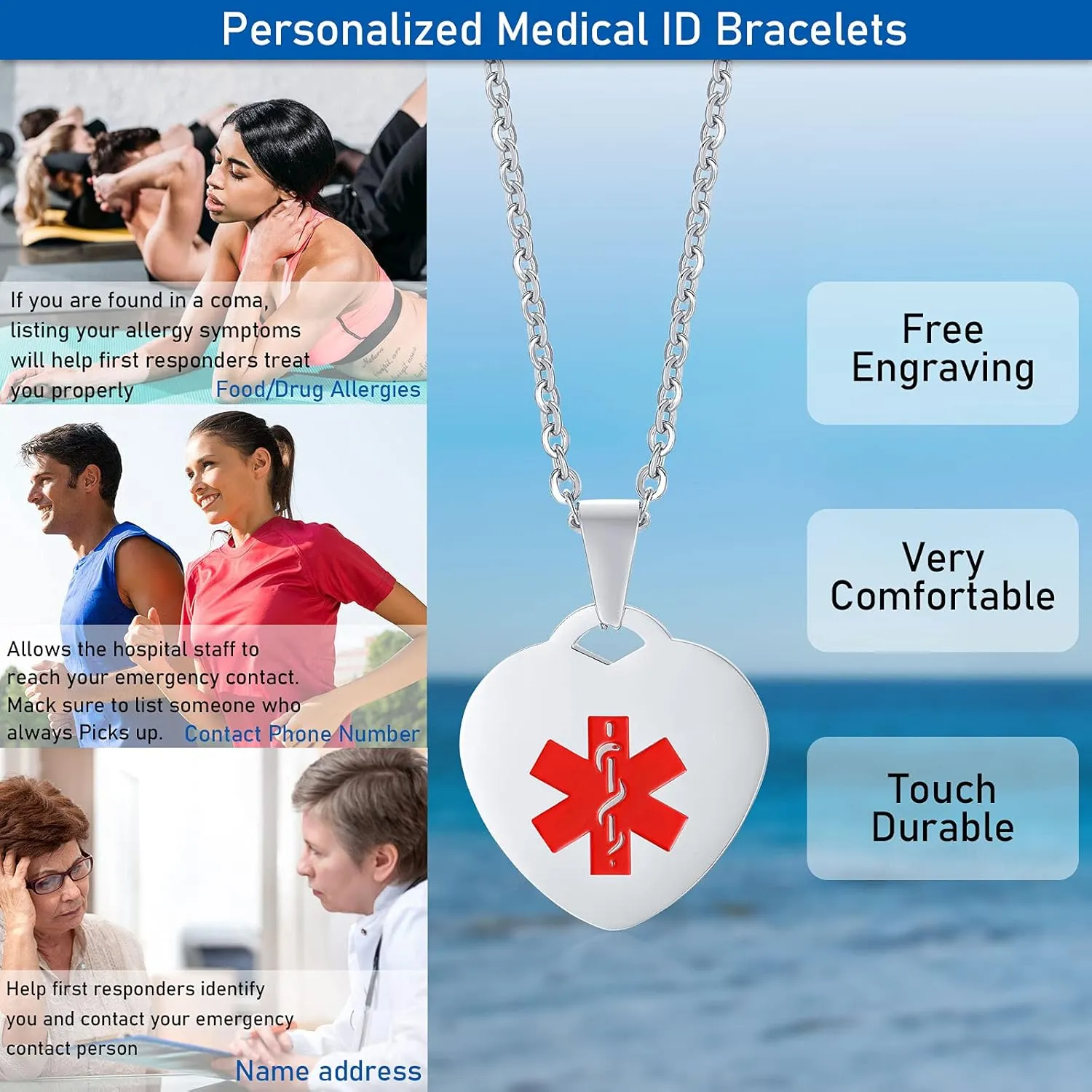 VNOX Personalized Engraving Stainless Steel Medical Alert ID Heart Pendant Necklace for Women Girls