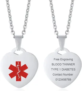 VNOX Personalized Engraving Stainless Steel Medical Alert ID Heart Pendant Necklace for Women Girls