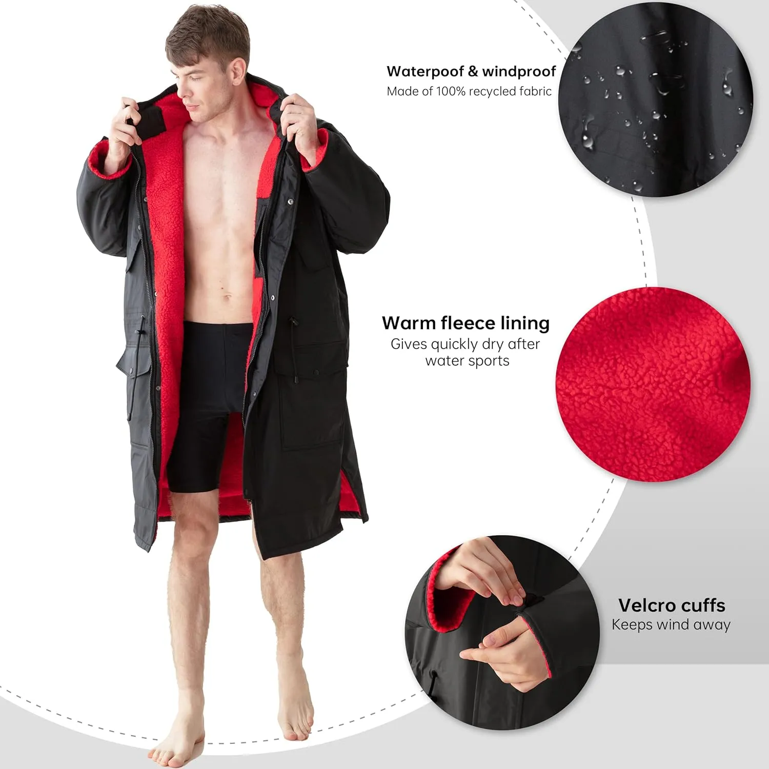 Warm Waterproof Swim Parka Adult, Oversized Hooded Changing Robe, Plush Fleece Winter Surf Poncho for Water Sports