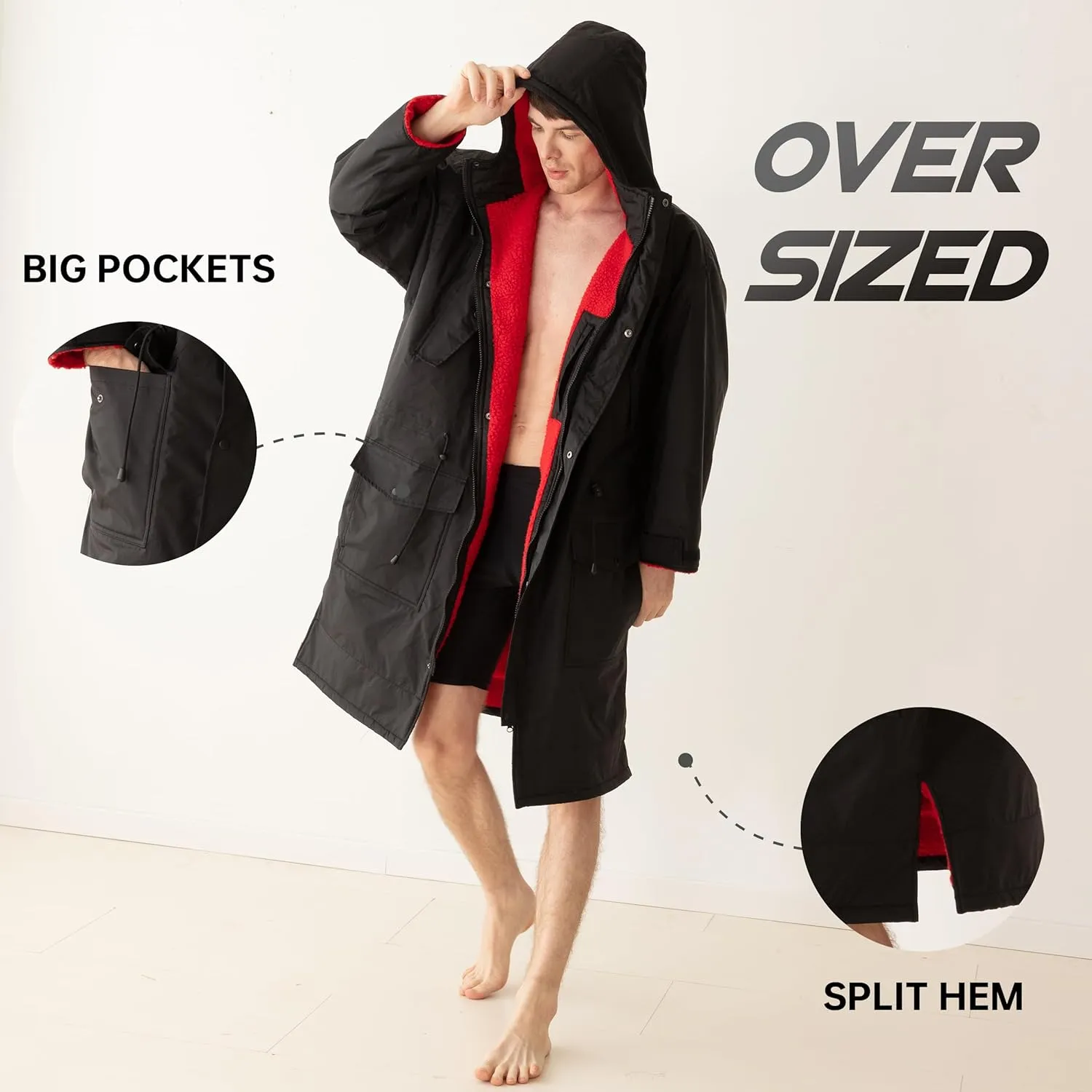 Warm Waterproof Swim Parka Adult, Oversized Hooded Changing Robe, Plush Fleece Winter Surf Poncho for Water Sports