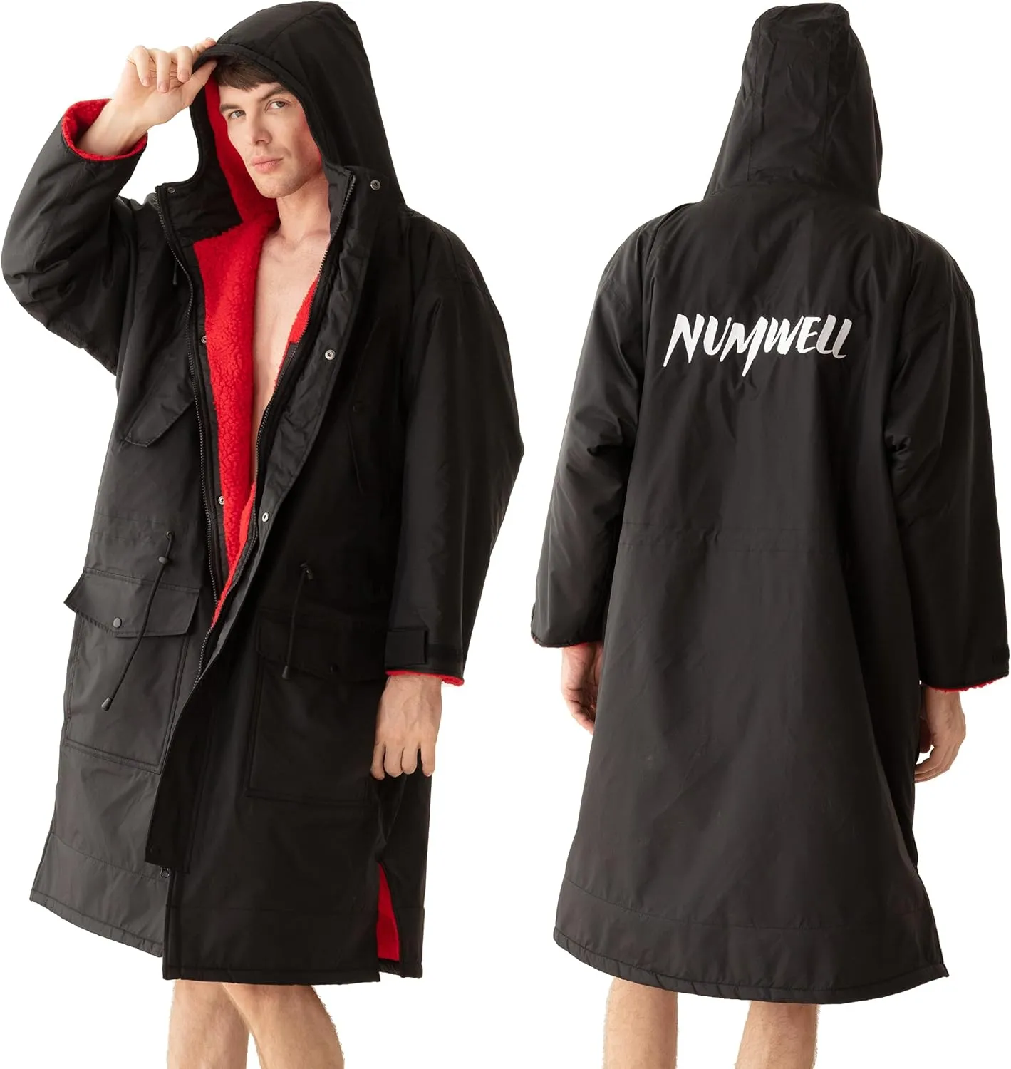 Warm Waterproof Swim Parka Adult, Oversized Hooded Changing Robe, Plush Fleece Winter Surf Poncho for Water Sports